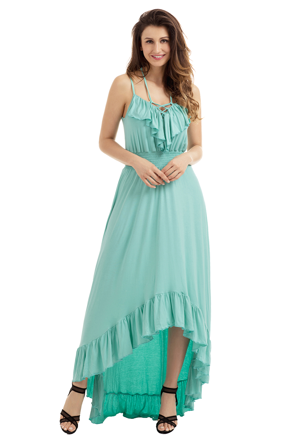 BY61510-9 Lace Up V Neck Ruffle Trim Hi-low Maxi Dress